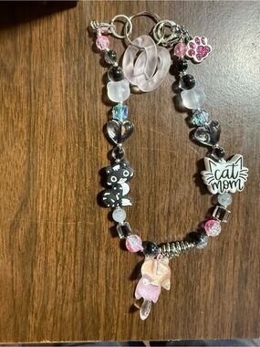 Cat Mom Pink & Black Beaded Keychain Charm